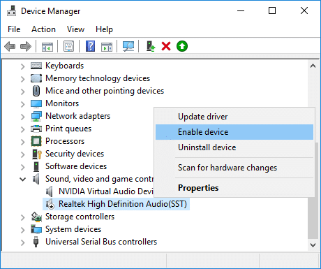 Right click on the Sound Driver and select Enable