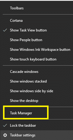 Right click on the Taskbar and click on Task Manager