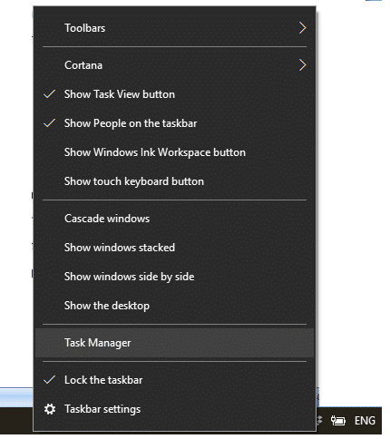 Kliknij prawym przyciskiem myszy pasek zadań, a następnie wybierz Menedżer zadań z menu kontekstowego