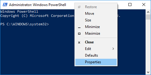 Right-click on the Title bar of the PowerShell window and select Properties
