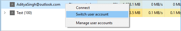 Right-click on the User in Task Manager and select Switch User