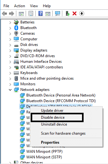 Щелкните правой кнопкой мыши адаптер Windows и выберите «Включить параметр устройства» | Исправить мобильную точку доступа, не работающую в Windows 10