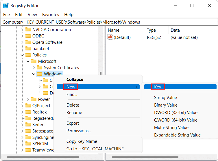 Щелкните правой кнопкой мыши папку Windows и выберите «Создать», затем нажмите «Ключ». Как отключить онлайн-поиск из меню «Пуск» в Windows 11