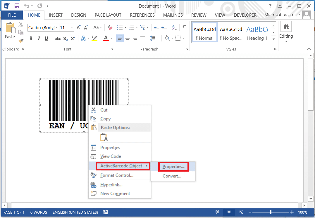 Desnom tipkom miša kliknite crtični kod i idite na ActiveBarcode Objects i odaberite Svojstva.