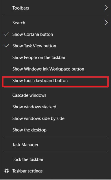 Right click on the bottom right side of the taskbar and click on show touch keyboard