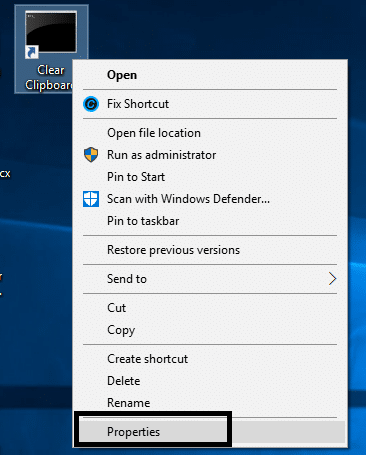 Right-click on the clear clipboard shortcut and choose Properties option