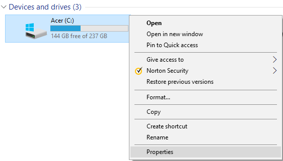 Right-click on the drive you want to run Disk Cleanup for then select Properties