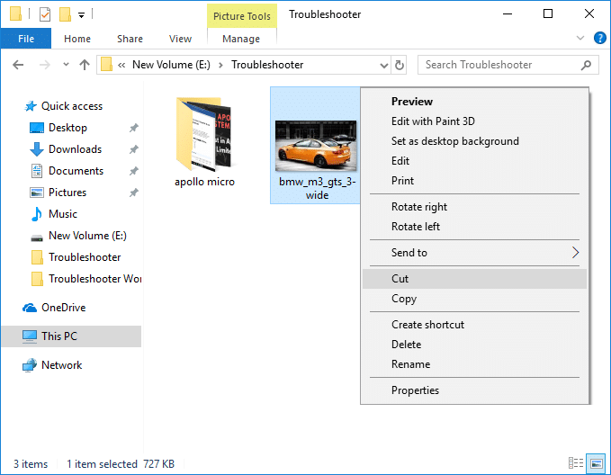 Right-click on the file or folder you want to zip and select Cut