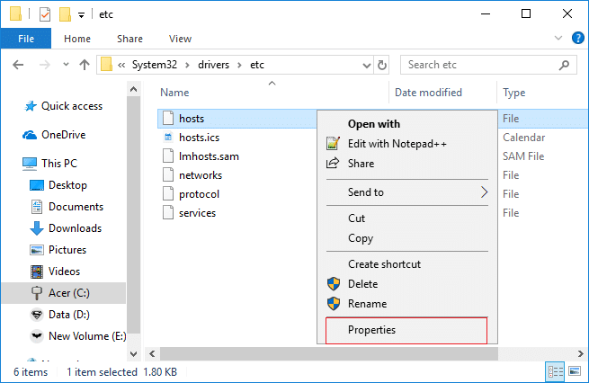 Right click on the hosts file and select properties