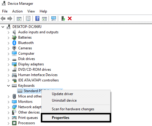 Right-click on the keyboard and select Properties
