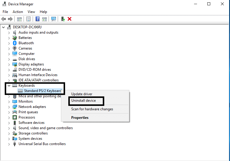 Right-click on the keyboard and select Uninstall under Device Manager