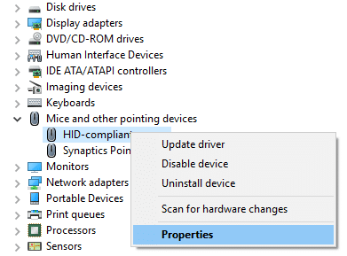 Right-click on the mouse you are using and select Properties