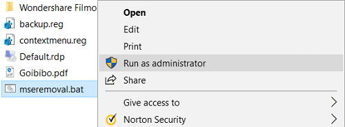 Щелкните правой кнопкой мыши файл mseremoval.bat и выберите «Запуск от имени администратора».