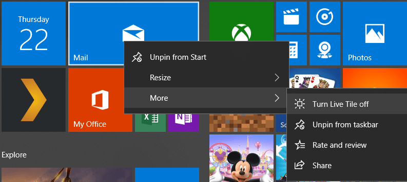 Right-click on the particular app then choose More and click Turn Live Tile off