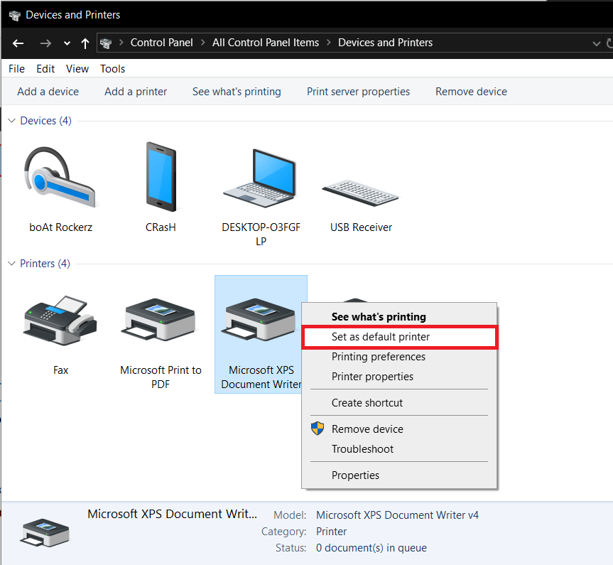 Right-click on the printer and choose Set as default printer