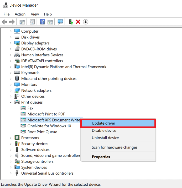 Right-click on the problematic printer and select Update Driver