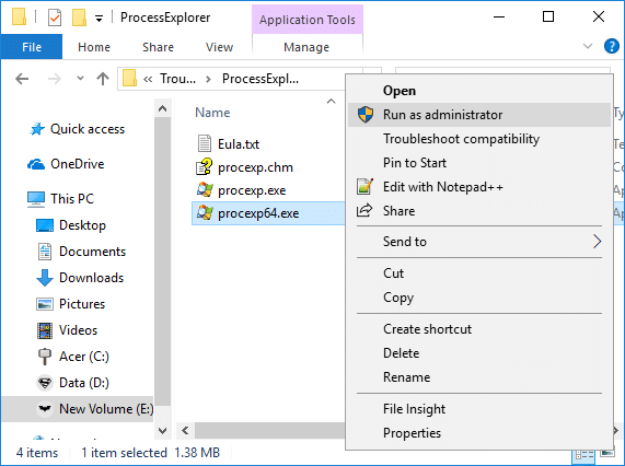 Right-click on the procexp64.exe file and select run as administrator