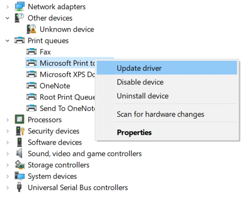 Right-click on the selected Printer and select Update driver