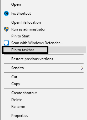 Right-click on the shortcut & choose the option Pin To Taskbar