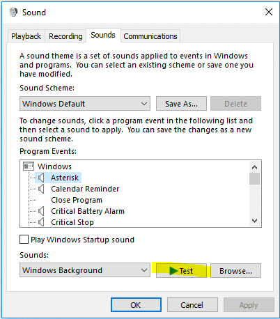 Right click on the sound icon on the taskbar and choose Sounds then click on the Test button