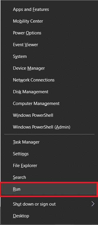 Right-click on the start button to open the power user menu and select run