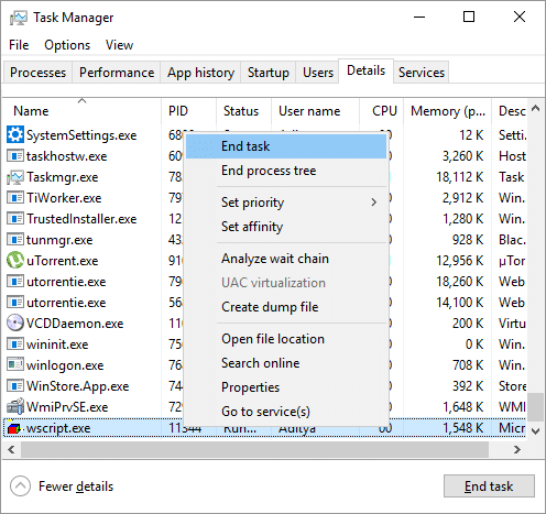 Right-click on wscript.exe and select End Process