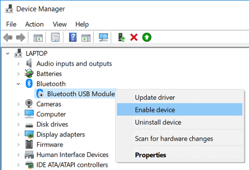 Right-click on your Bluetooth device then select Enable device
