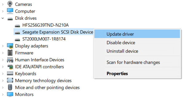 Right-click on your External hard drive and select Update driver