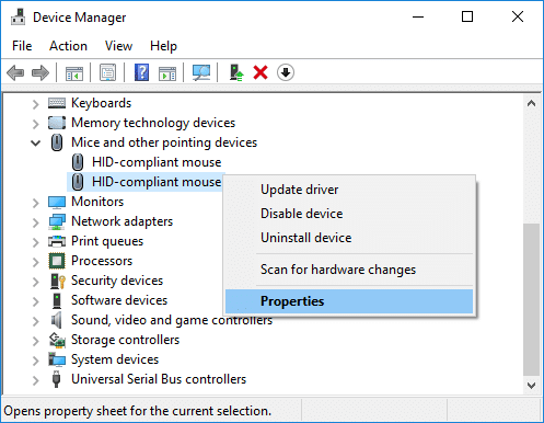 Right-click on the touchpad device and select Properties