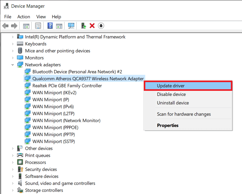 Right-click on your Network adapter and select Update Driver