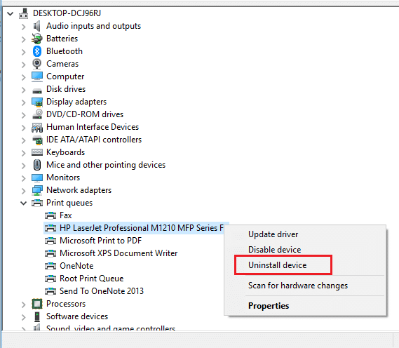 Right-click on your Printer device and select Uninstall