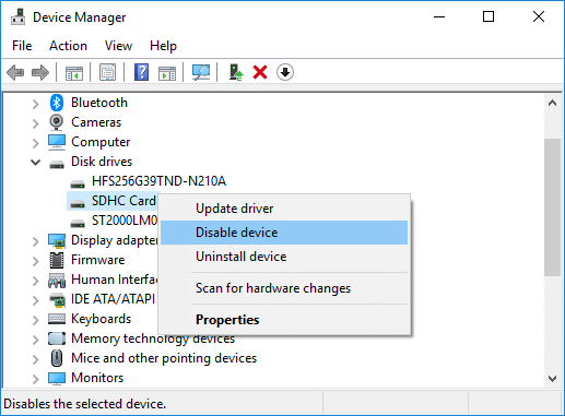 Right-click on your SD Card reader and select Disable device