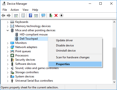 Right-click on your Touchpad device and select Properties