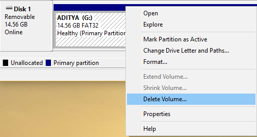 Right-click on your USB drive and select Delete Volume