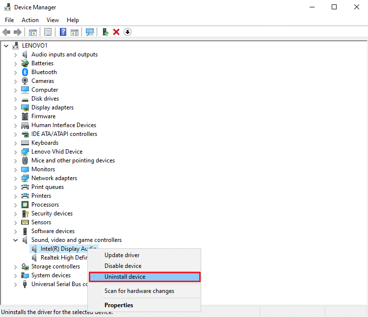 Right-click on your audio driver and click on Uninstall