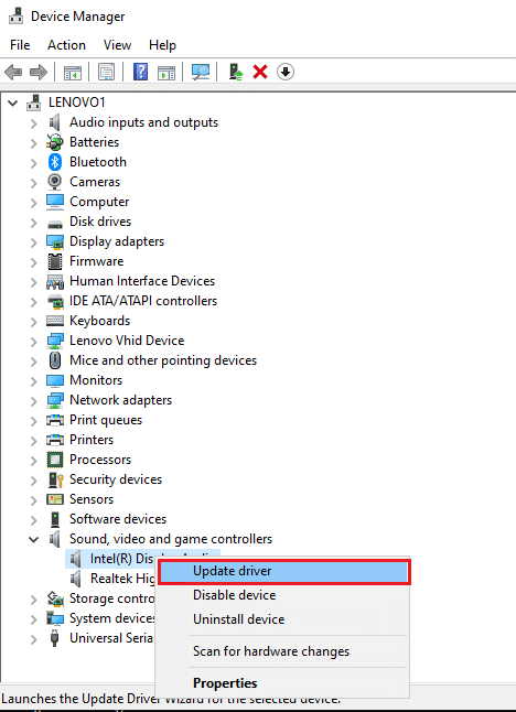 Right-click on your audio driver and select update driver