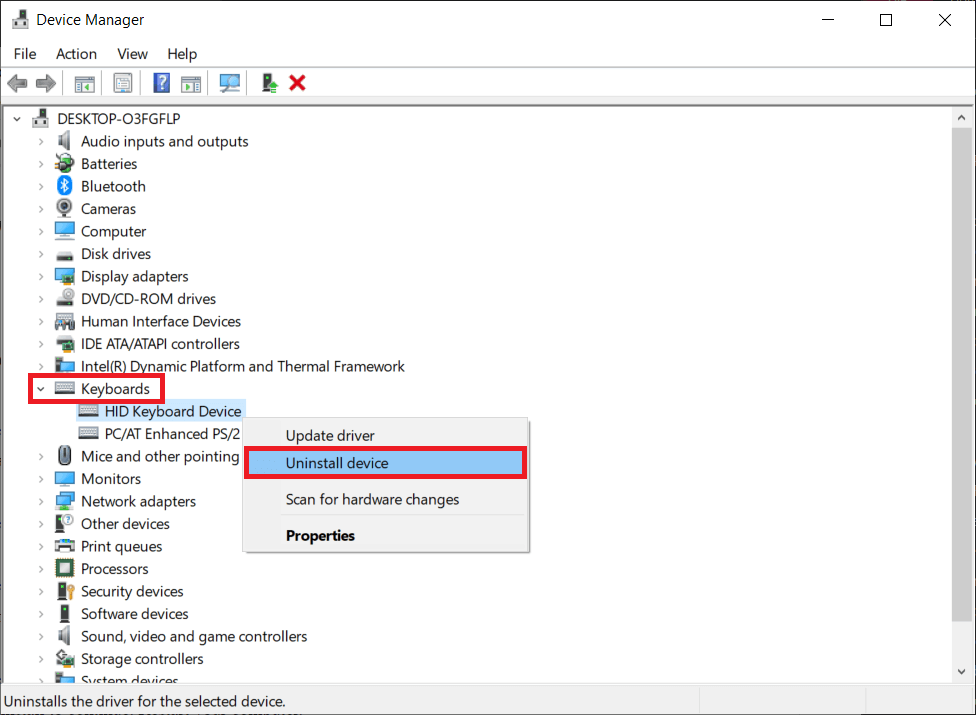 Right-click on your computer keyboard and select Uninstall Device | How To Reset Your Keyboard To Default Settings In Windows 10?