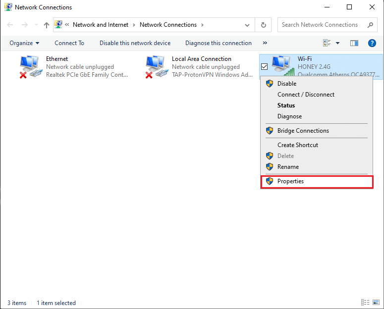 Right-click on your current network connection and select Properties | Fix Media Disconnected Error Message on Windows 10