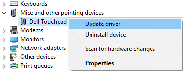 Right-click on your device listed in Mice and other pointing devices and select Update driver