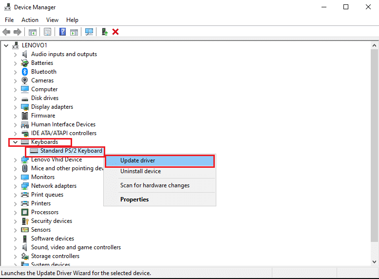 Right-click on your keyboard device and select Update Driver