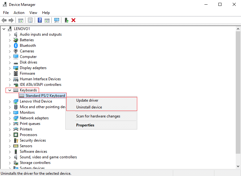 Right-click on your keyboard device and select Update driver or Uninstall device | Fix keyboard Input lag in Windows 10