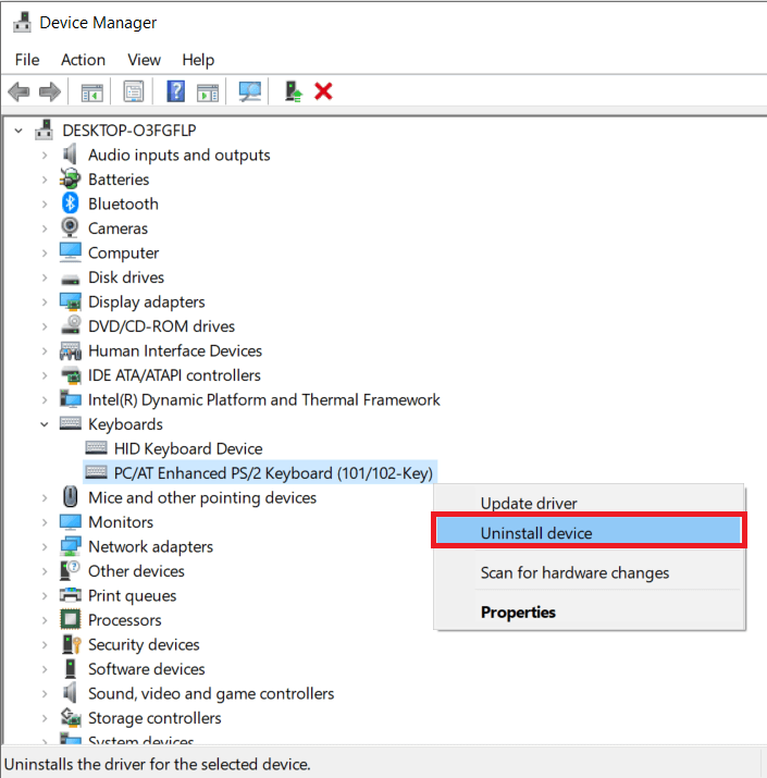 Right-click on your keyboard drivers and select Uninstall Device