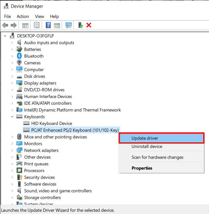 Right-click on your keyboard drivers and select Update Driver