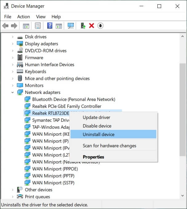 Right-click on your network adapter and uninstall it | WiFi doesn't have a valid IP configuration error? 10 Ways to Fix it!