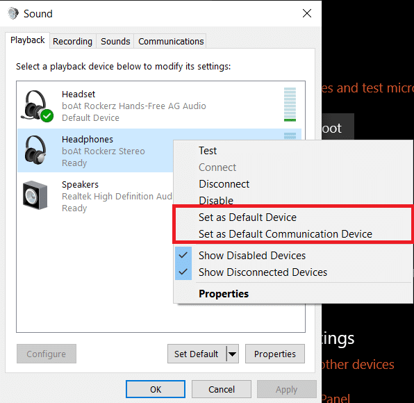 Right-click on your output device first select Set as Default Device and then select Set as Default Communication Device