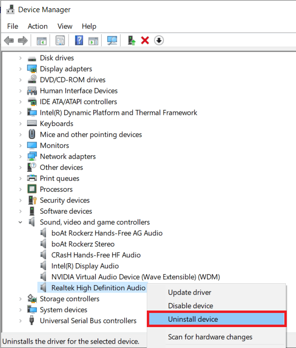Right-click on your primary Audio device and select Uninstall device