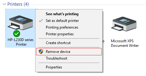 Right-click on your printer and select Remove device