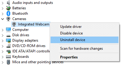 Right-click on your webcam then select Uninstall device