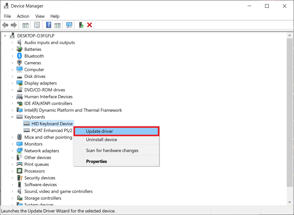 Right-click on Keyboard select Update driver.