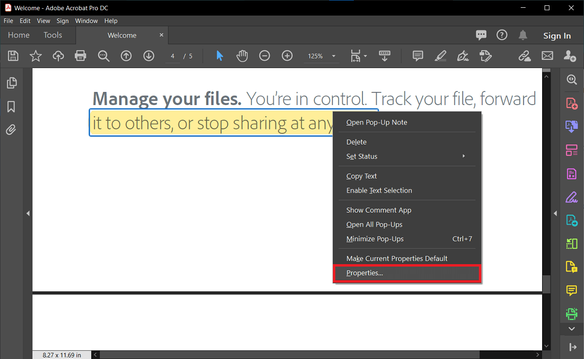 Right-click the selected text and choose the ‘Properties’ option from the menu.
